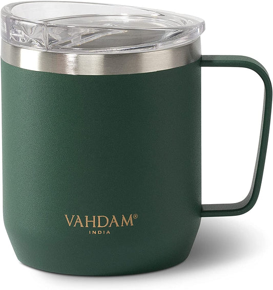 VAHDAM, Stainless Steel Coffee Mug with Handle (300ml/10.1oz) - Green | Vacuum Insulated, Double Wall, Sweat-Proof Mug with Slider Lid for Hot and Cold Drinks | Coffee/Tea Mug