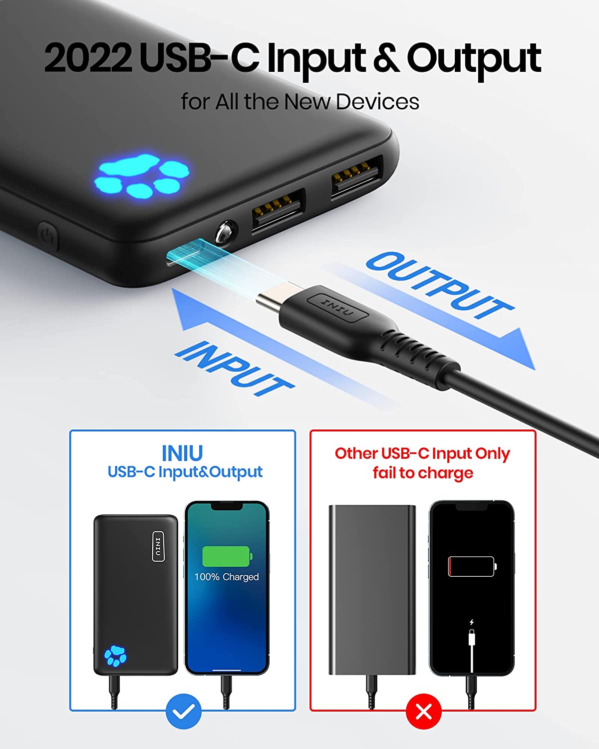 INIU Portable Power Bank, Slimmest 10000mAh Portable Charger with LED  Display & Phone Holder, White 