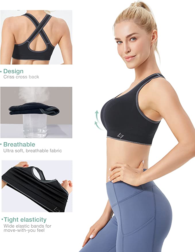 Racerback Sports Bras For Women - Padded Seamless High Impact  Support For Yoga Gym Workout Fitness Black/Grey/Green/Red M