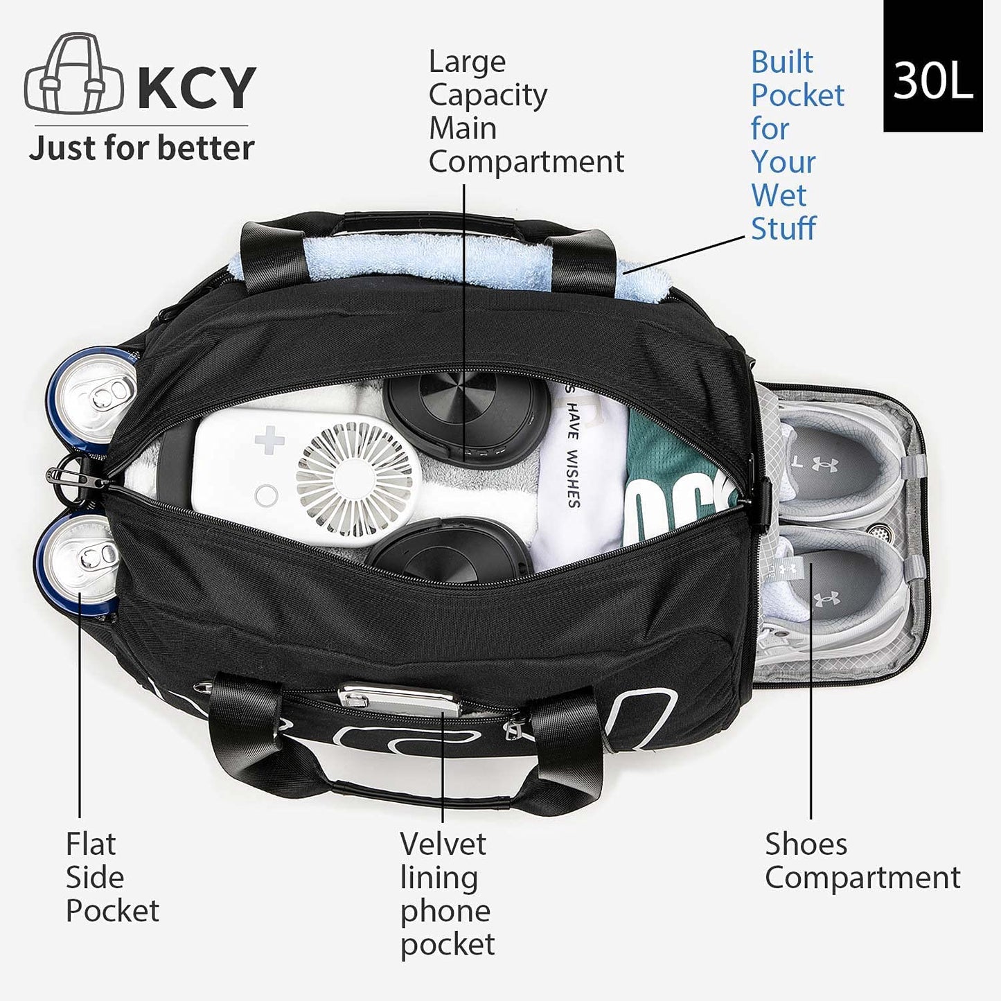 KCY Duffle Bag, Small Travel bag Waterproof with Shoes Compartment & Wet Pocket, Gym Bag for Camping, Hiking, Business, Lightweight Workout