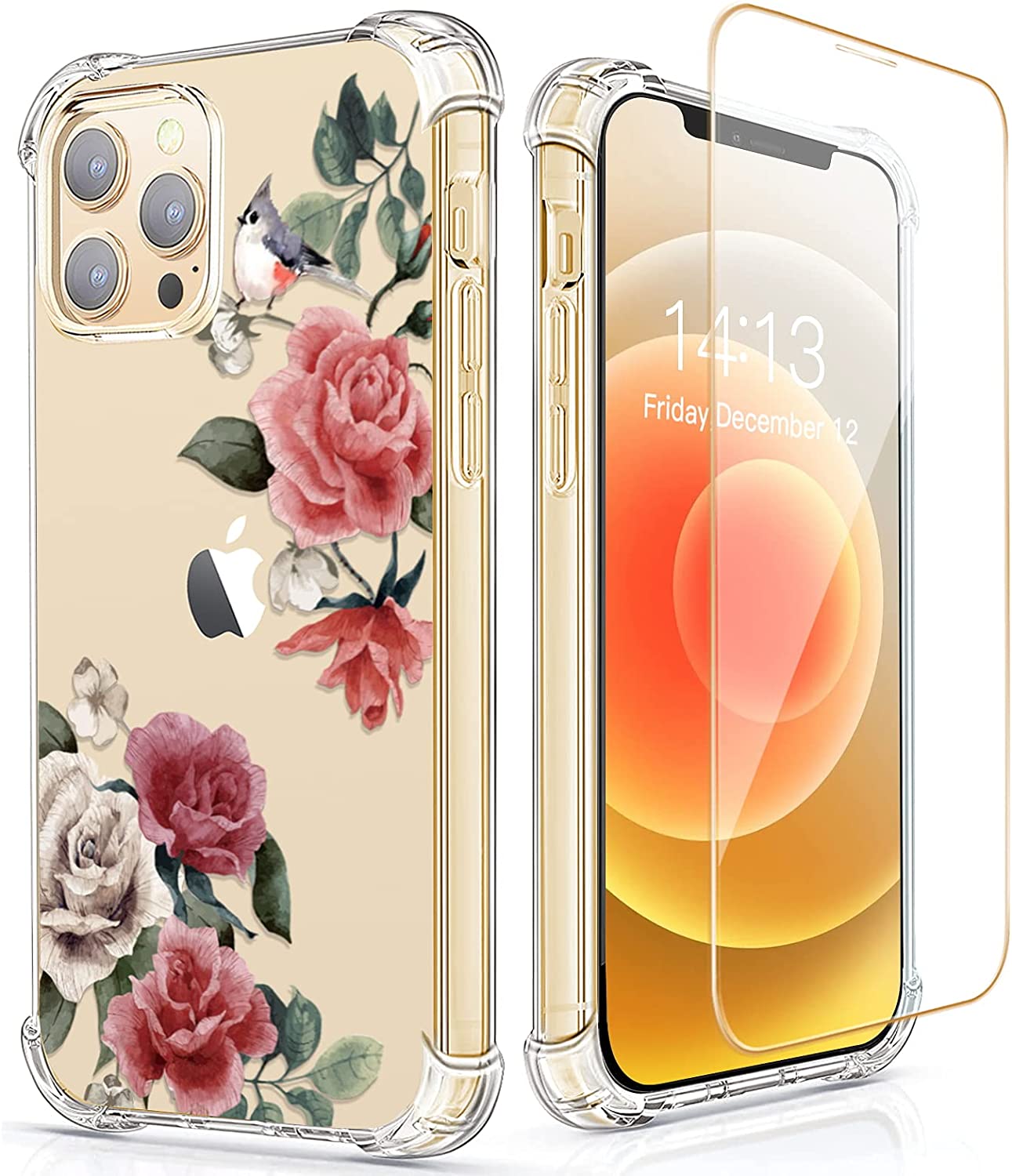 RoseParrot [5 in 1] iPhone 12 Pro Case & iPhone 12 Pro Max Case with Screen Protector + Ring Holder + Waterproof Pouch, Clear Floral Design (Robin)