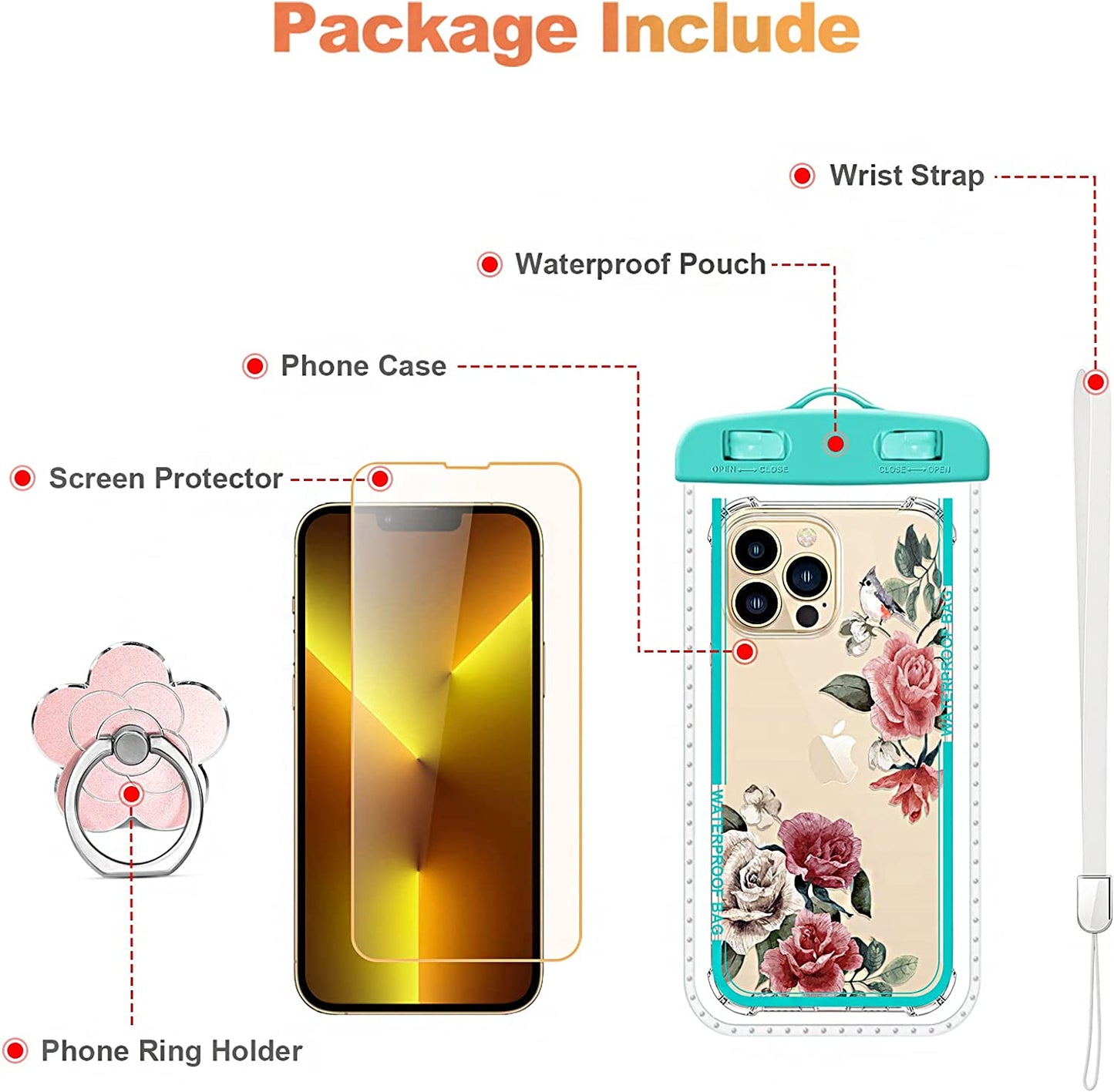 RoseParrot [5 in 1] iPhone 12 Pro Case & iPhone 12 Pro Max Case with Screen Protector + Ring Holder + Waterproof Pouch, Clear Floral Design (Robin)