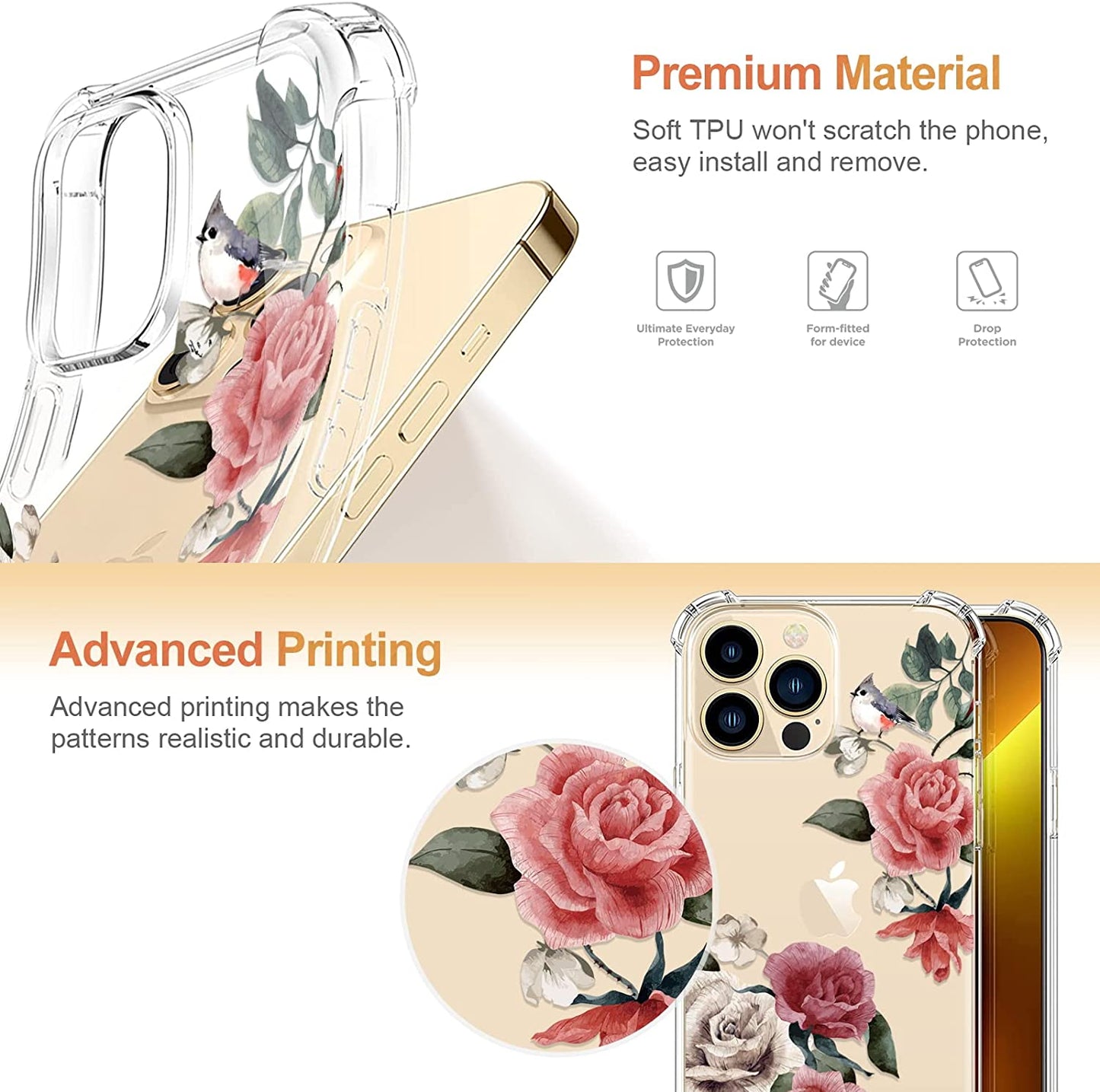 RoseParrot [5 in 1] iPhone 12 Pro Case & iPhone 12 Pro Max Case with Screen Protector + Ring Holder + Waterproof Pouch, Clear Floral Design (Robin)