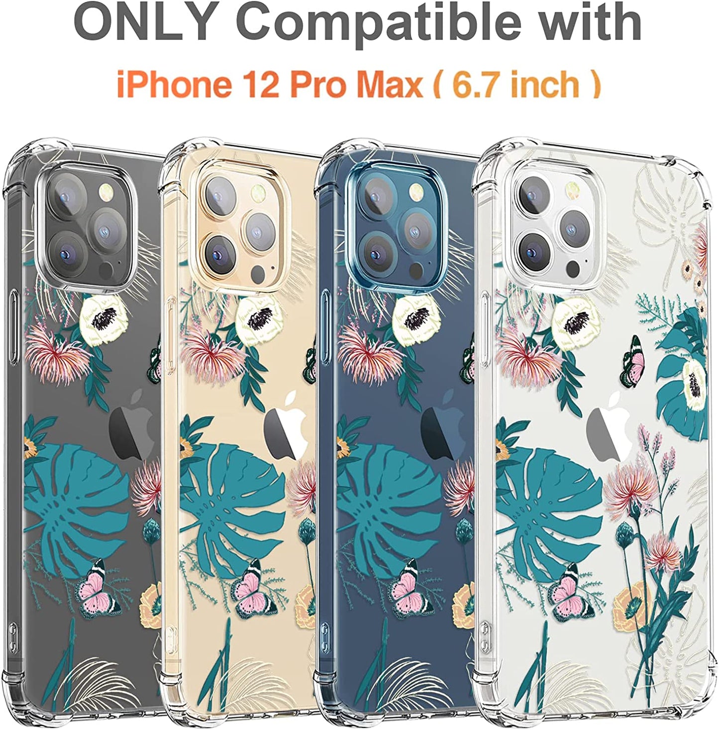 RoseParrot [5 in 1] iPhone 12 Pro & 12 Pro Max Case with Screen Protector + Ring Holder + Waterproof Pouch, Clear with Floral Design (Butterfly)