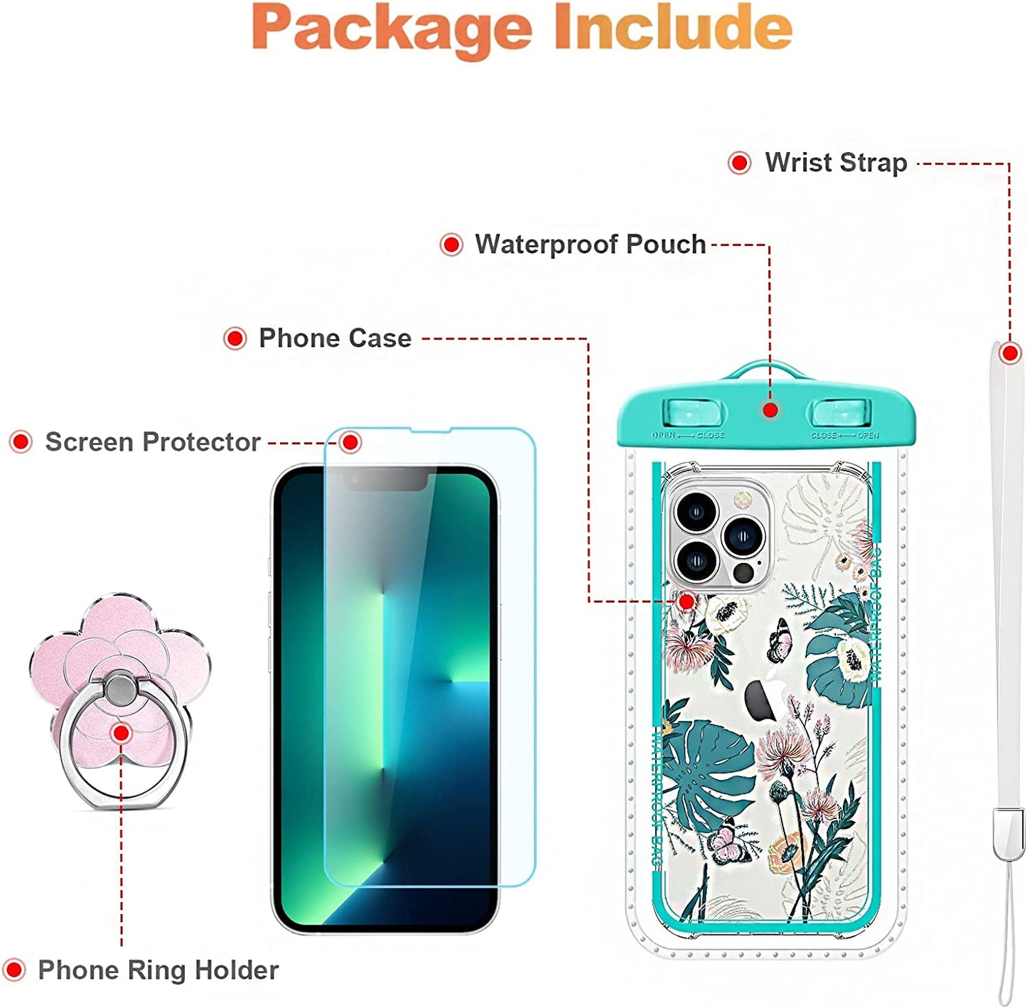 RoseParrot [5 in 1] iPhone 12 Pro & 12 Pro Max Case with Screen Protector + Ring Holder + Waterproof Pouch, Clear with Floral Design (Butterfly)