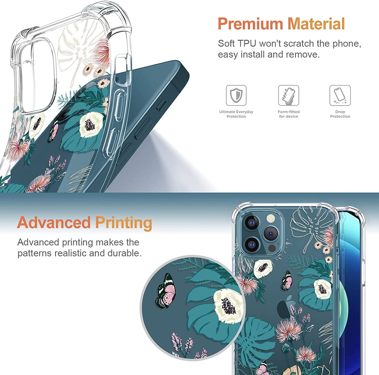 RoseParrot [5 in 1] iPhone 12 Pro & 12 Pro Max Case with Screen Protector + Ring Holder + Waterproof Pouch, Clear with Floral Design (Butterfly)