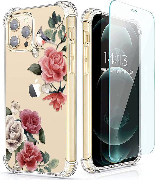 RoseParrot [5 in 1] iPhone 12 Pro Case & iPhone 12 Pro Max Case with Screen Protector + Ring Holder + Waterproof Pouch, Clear Floral Design (Robin)