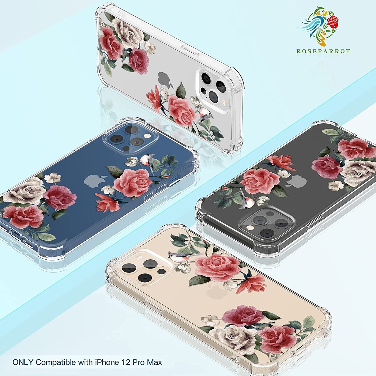 RoseParrot [5 in 1] iPhone 12 Pro Case & iPhone 12 Pro Max Case with Screen Protector + Ring Holder + Waterproof Pouch, Clear Floral Design (Robin)