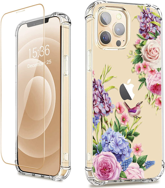 RoseParrot [5 in 1] iPhone 12 Pro Max Case with Screen Protector + Ring Holder + Waterproof Pouch, Clear with Floral Design (Magpie)