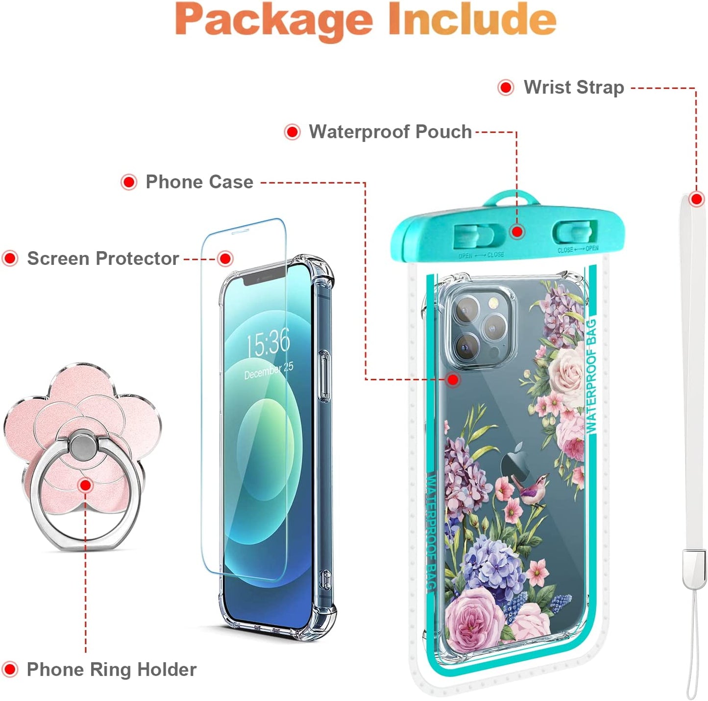 RoseParrot [5 in 1] iPhone 12 Pro Max Case with Screen Protector + Ring Holder + Waterproof Pouch, Clear with Floral Design (Magpie)