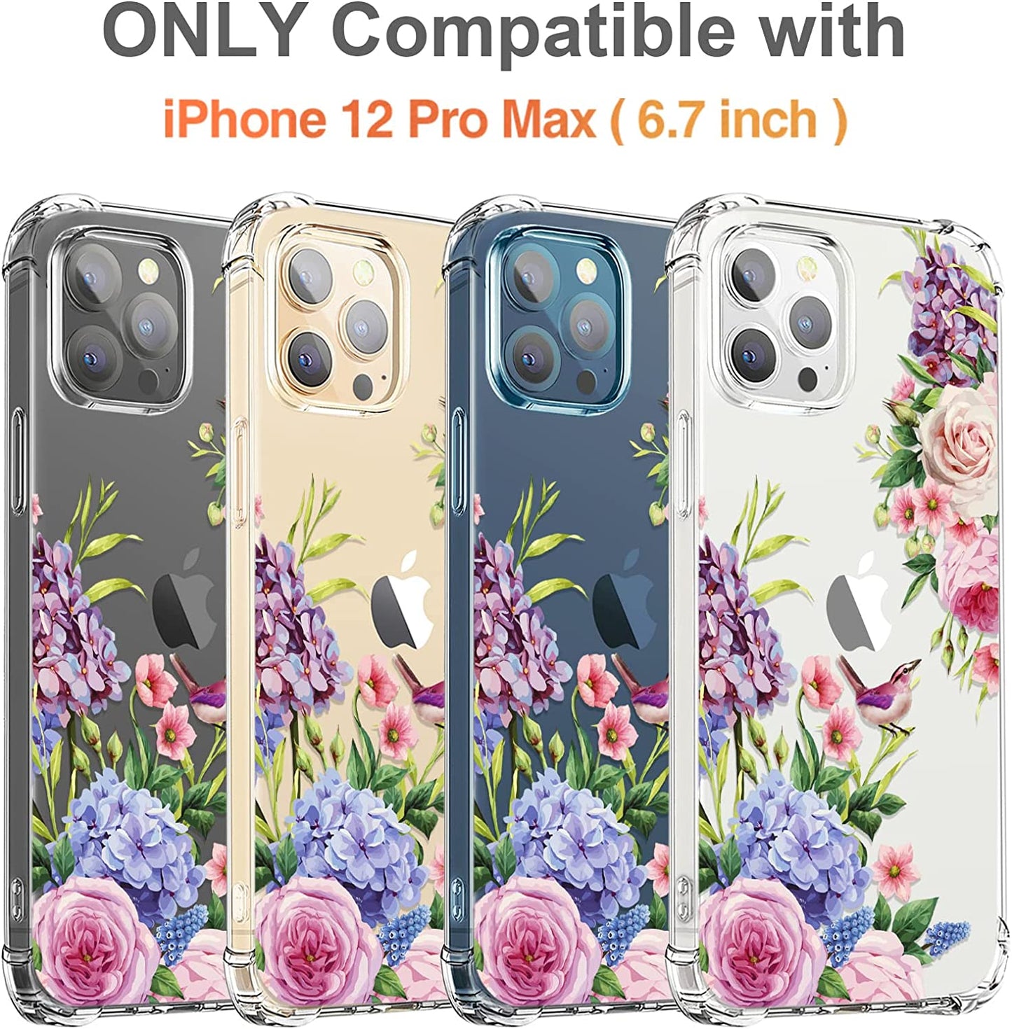 RoseParrot [5 in 1] iPhone 12 Pro Max Case with Screen Protector + Ring Holder + Waterproof Pouch, Clear with Floral Design (Magpie)