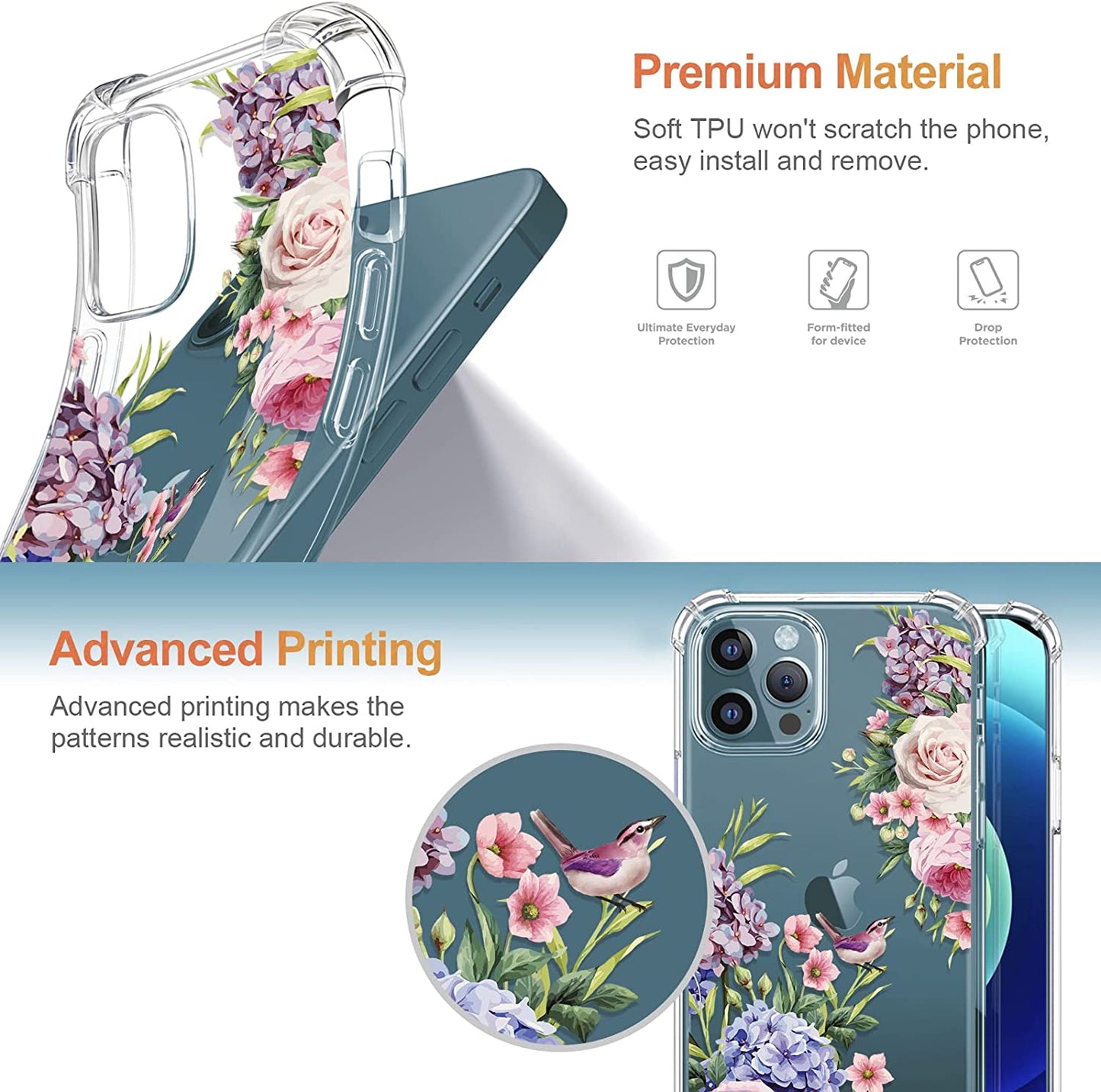 RoseParrot [5 in 1] iPhone 12 Pro Max Case with Screen Protector + Ring Holder + Waterproof Pouch, Clear with Floral Design (Magpie)