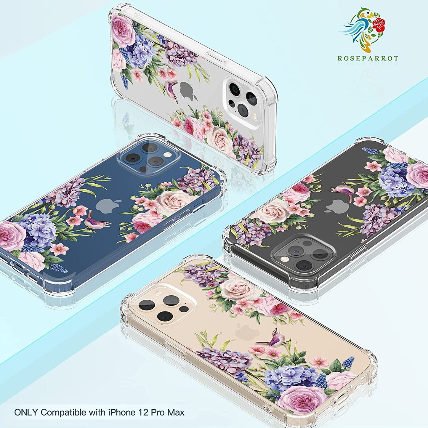 RoseParrot [5 in 1] iPhone 12 Pro Max Case with Screen Protector + Ring Holder + Waterproof Pouch, Clear with Floral Design (Magpie)