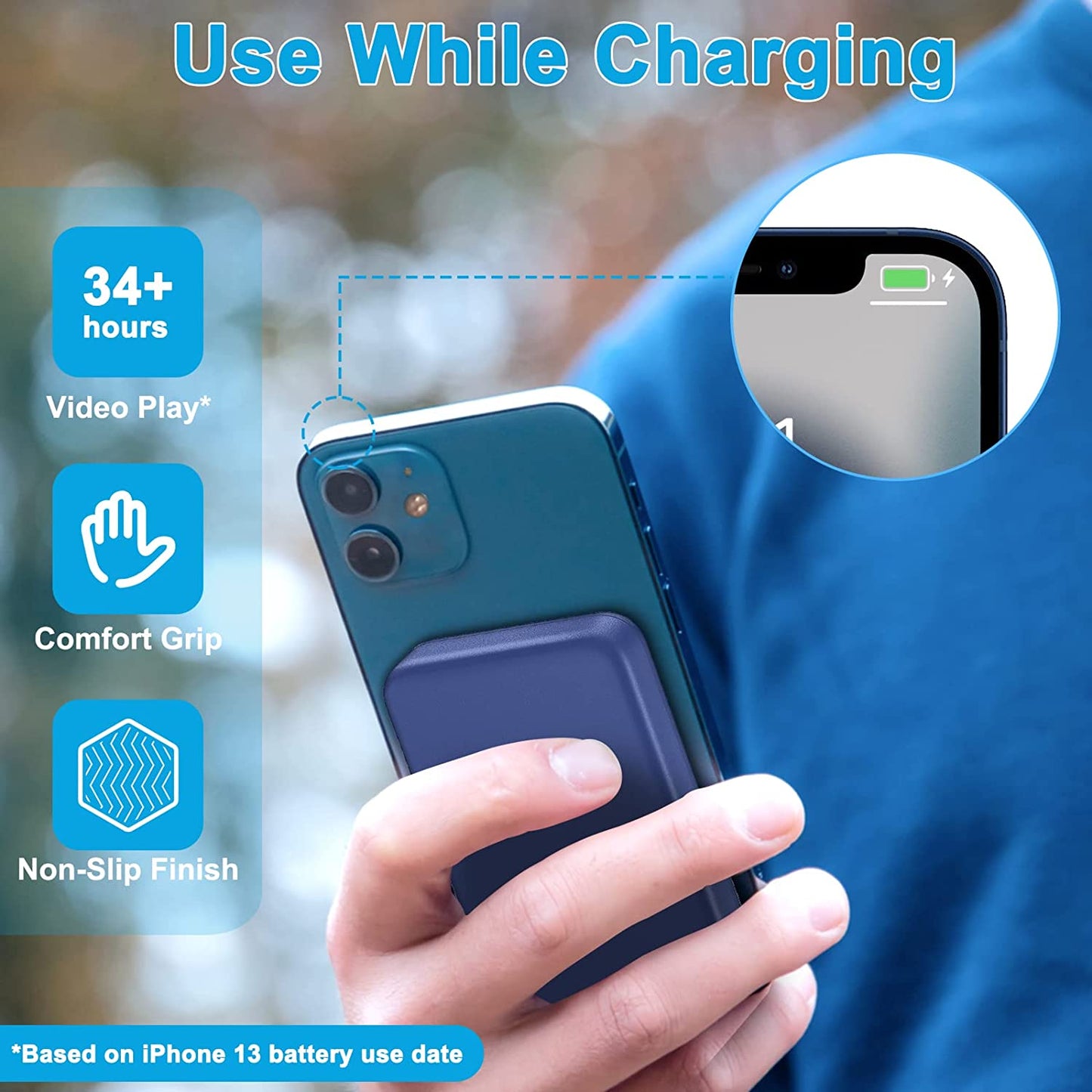 Magnetic Wireless Power Bank 10000mAh, AOGUERBE Wireless Fast Charging 15W Portable Charger Battery Pack, PD 20W & QC 22.5W USB C for iPhone 12/13 Pro, iPhone 12/13 Pro Max Blue or White