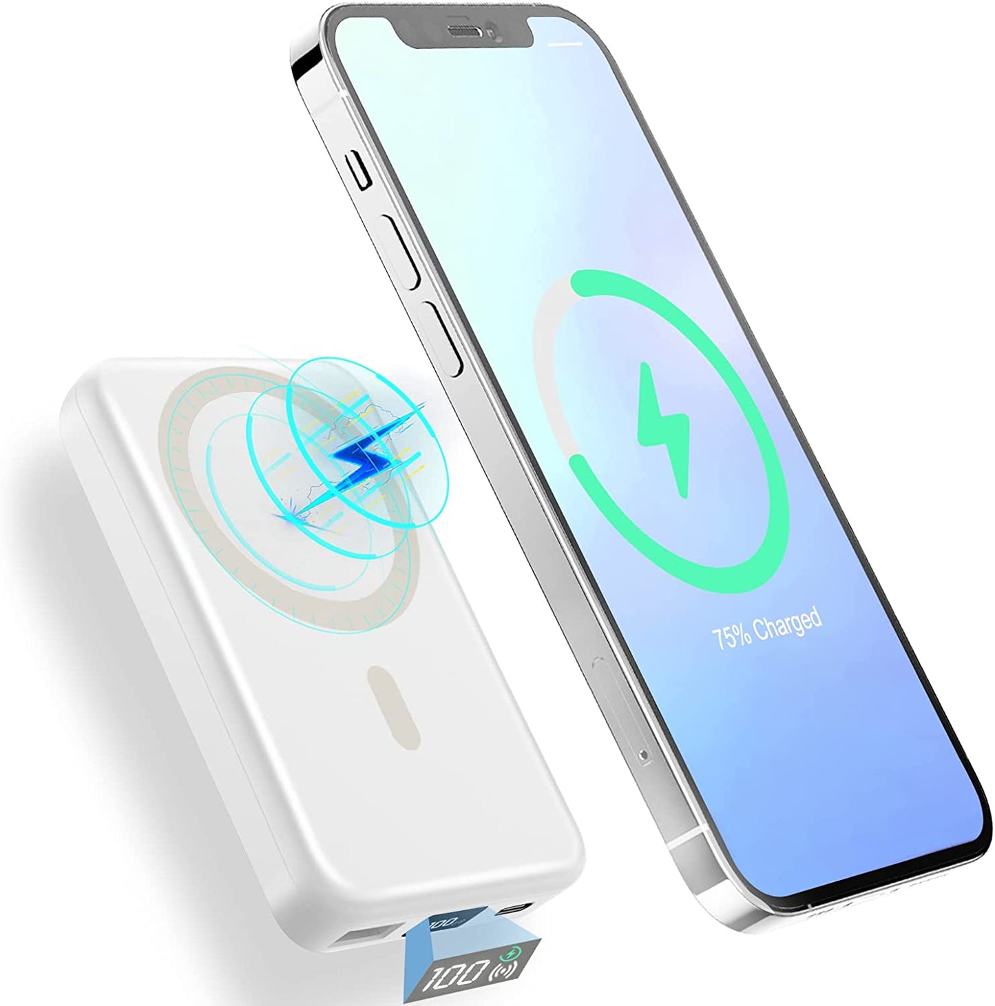 Magnetic Wireless Power Bank 10000mAh, AOGUERBE Wireless Fast Charging 15W Portable Charger Battery Pack, PD 20W & QC 22.5W USB C for iPhone 12/13 Pro, iPhone 12/13 Pro Max Blue or White