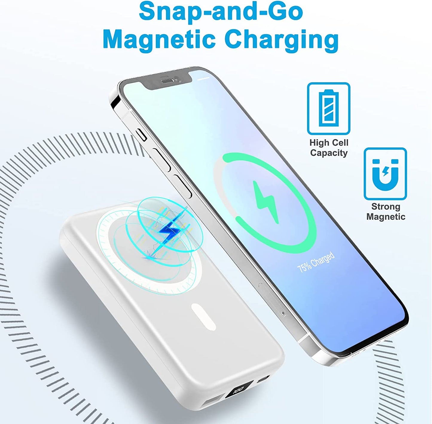 Magnetic Wireless Power Bank 10000mAh, AOGUERBE Wireless Fast Charging 15W Portable Charger Battery Pack, PD 20W & QC 22.5W USB C for iPhone 12/13 Pro, iPhone 12/13 Pro Max Blue or White