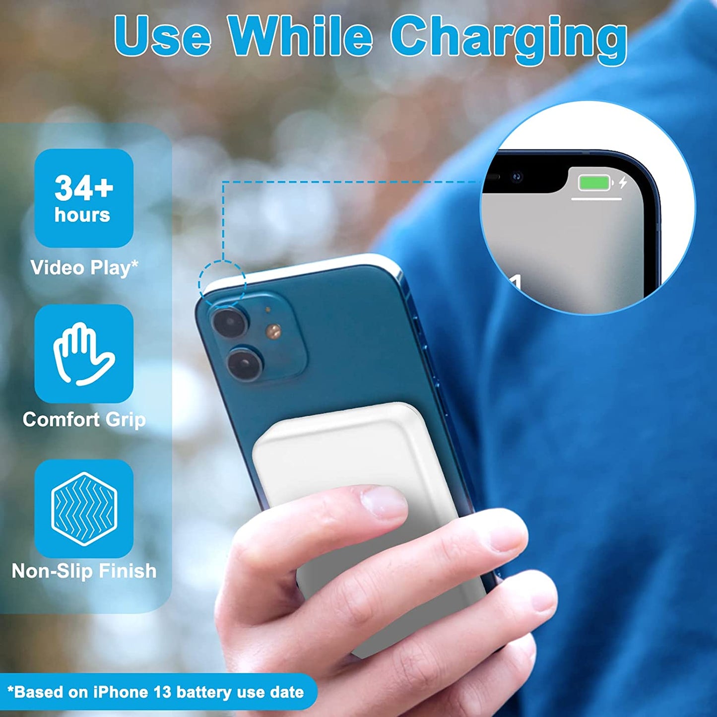 Magnetic Wireless Power Bank 10000mAh, AOGUERBE Wireless Fast Charging 15W Portable Charger Battery Pack, PD 20W & QC 22.5W USB C for iPhone 12/13 Pro, iPhone 12/13 Pro Max Blue or White