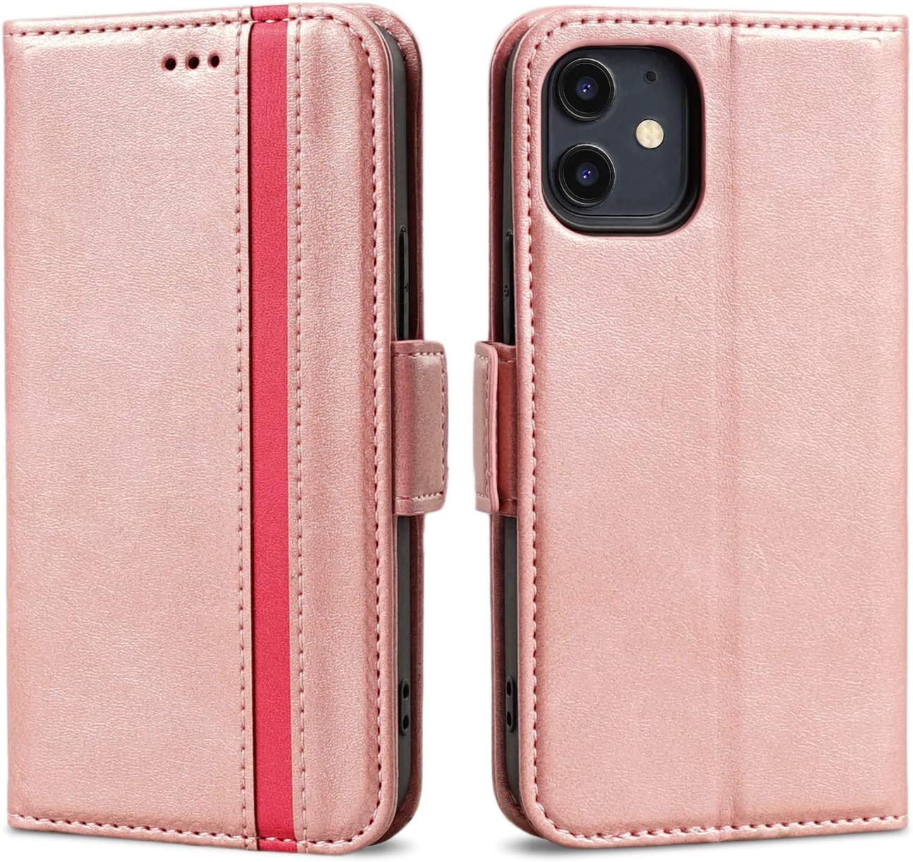 Rssviss for iPhone 12 Mini Case 5.4" & 12 Max Pro Protective Leather Wallet Shockproof Magnetic Flip Cover with Card Slots and Stand Pink or Orange