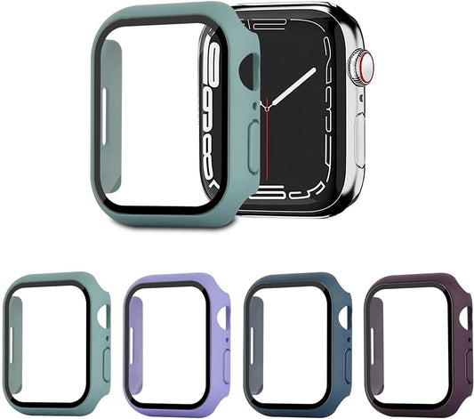 AOTUAO 4 Pack PC Case Cover with Screen Protector Compatible with Apple Watch 7 41mm, Tempered Glass Screen Cover for iWatch 7 41mm, Pine Green Lavender Ice Sea Blue Dark Cherry
