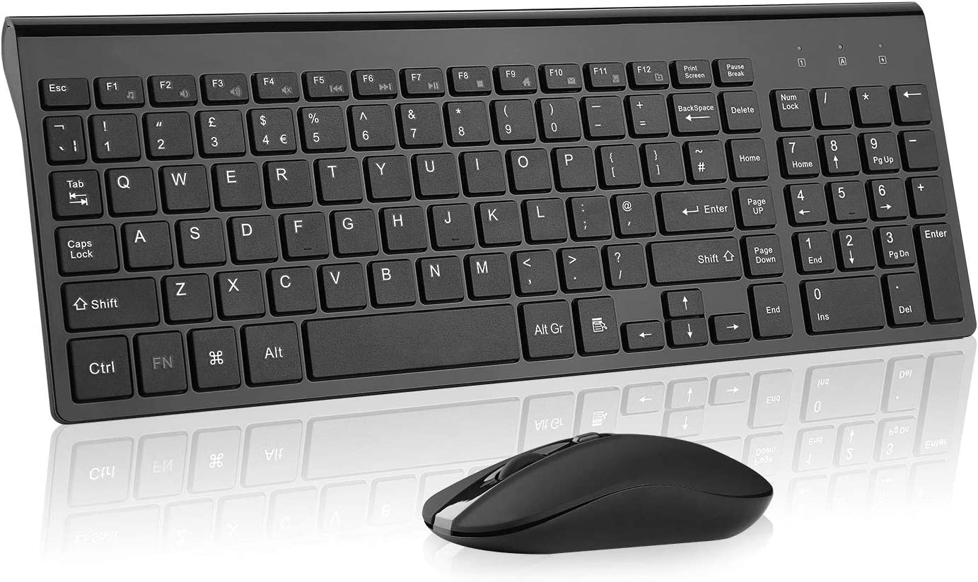 Cimetech Wireless Keyboard Mouse Combo, Compact Full Size 2.4G Ultra-Thin Sleek Design for Windows, Computer, Desktop, PC, Laptop UK Layout-Silver Black Pink Rose - Blue - Grey Black