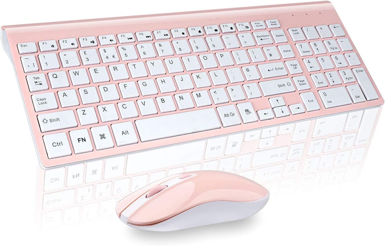 Cimetech Wireless Keyboard Mouse Combo, Compact Full Size 2.4G Ultra-Thin Sleek Design for Windows, Computer, Desktop, PC, Laptop UK Layout-Silver Black Pink Rose - Blue - Grey Black