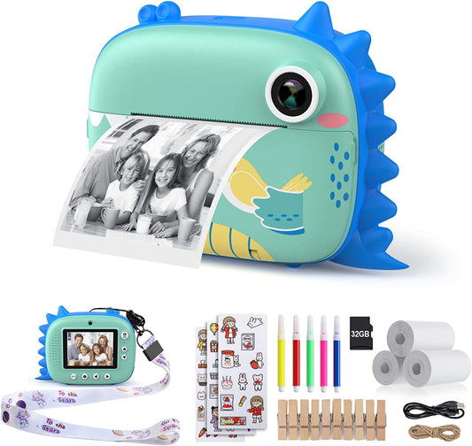 HiMont Kids Camera Instant Print, Digital Camera for Kids with Zero Ink Print Paper & 32G TF Card, Selfie Video Camera with Colour Pens & Photo Clips for DIY, Gift for Girls Boys 3-14 Years Old