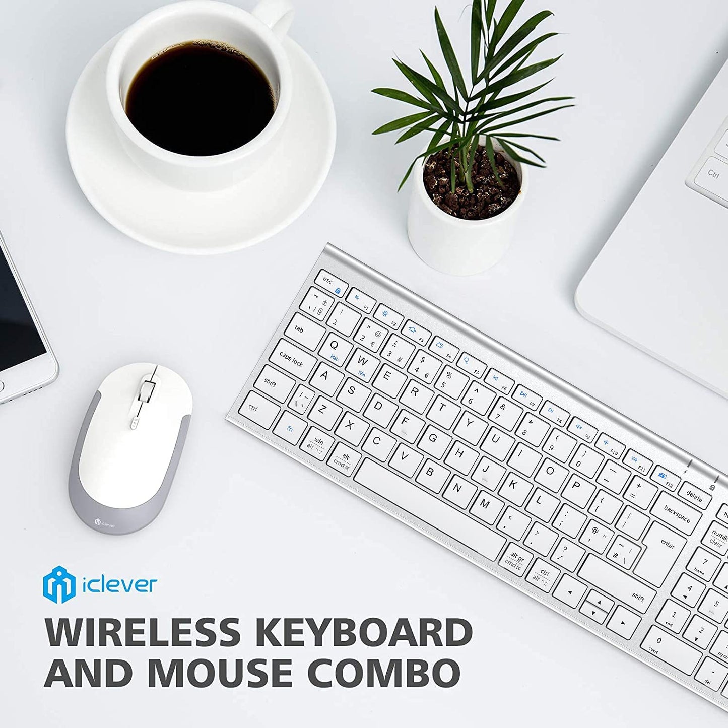 iClever GK03 Wireless Keyboard and Mouse Combo - 2.4G Portable Wireless Keyboard Mouse, Rechargeable Full Size Slim Thin Stable, Silver
