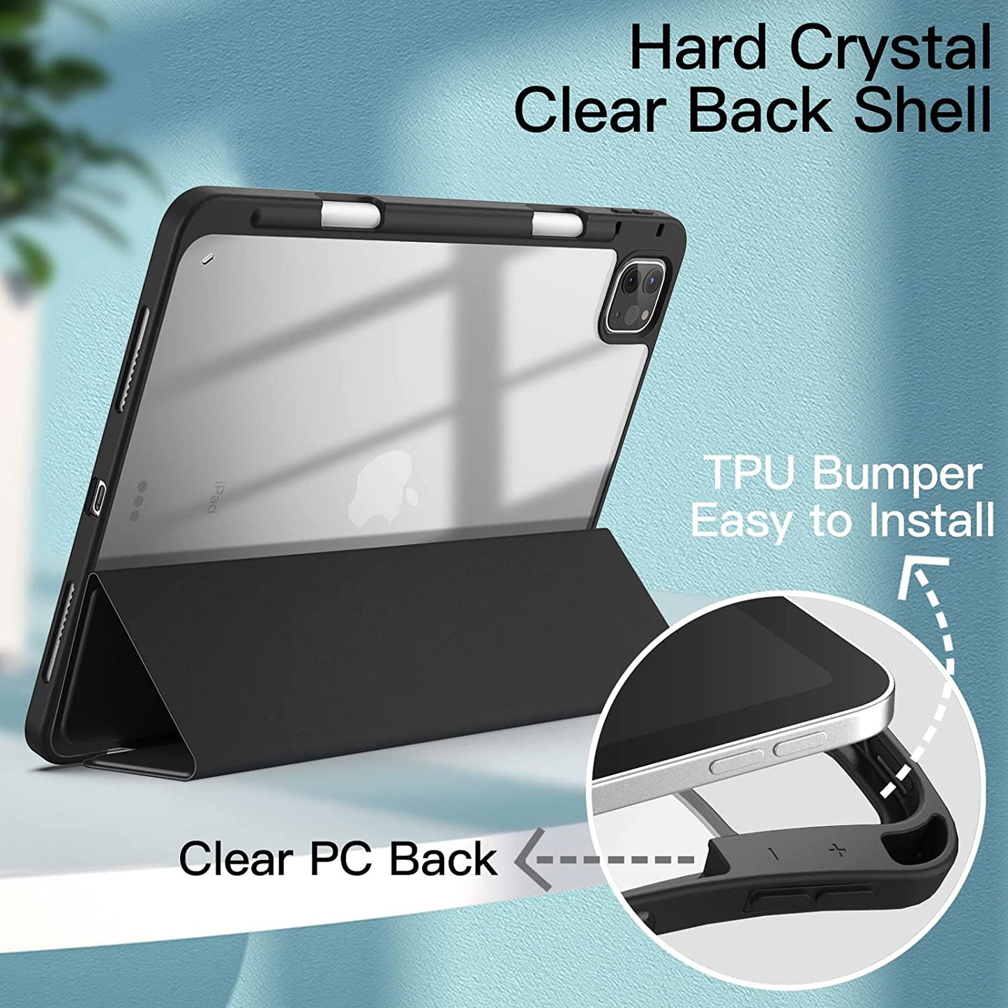 JETech Case for iPad Pro 11 Inch (2022/2021/2020/2018) with Pencil Holder, Clear Transparent Back Shell Slim Stand Shockproof Tablet Cover, Auto Wake/Sleep (Black) Model 3112