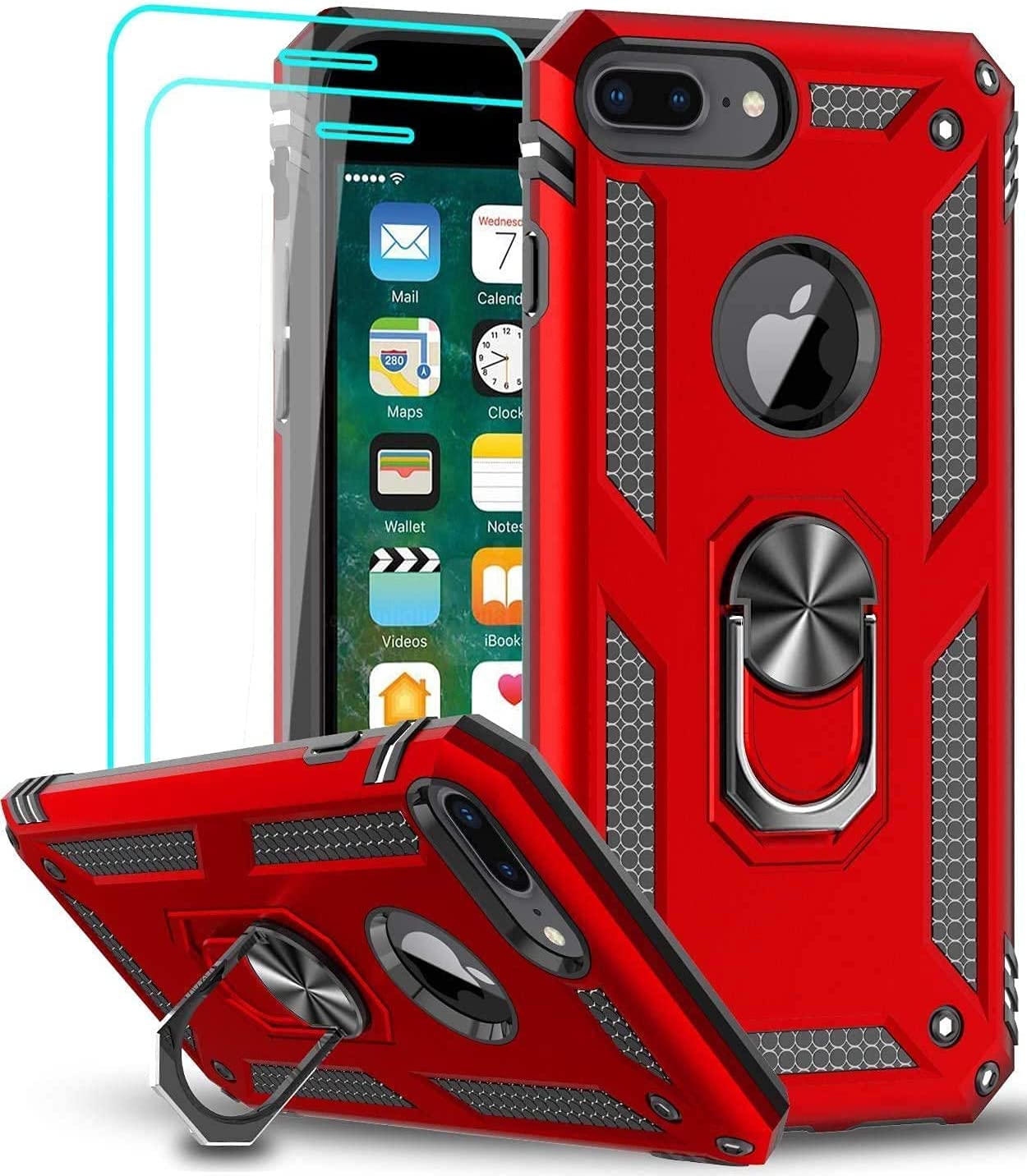 LeYi iPhone 7 Plus/8 Plus Case, iPhone 6s Plus/6 Plus Case Magnetic Ring Holder, Full Body Protective Silicone TPU Armor Phone Cover with Screen Red