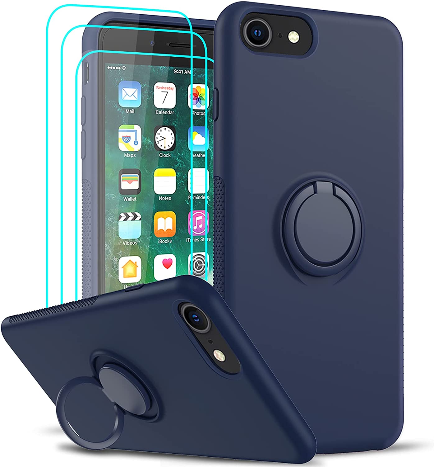 LeYi Liquid Silicone Case for iPhone SE 2020 & 2022 Case, iPhone 8 Case, iPhone 7 Case, + 3 Tempered Glass Protectors Ring Holder Black or Blue