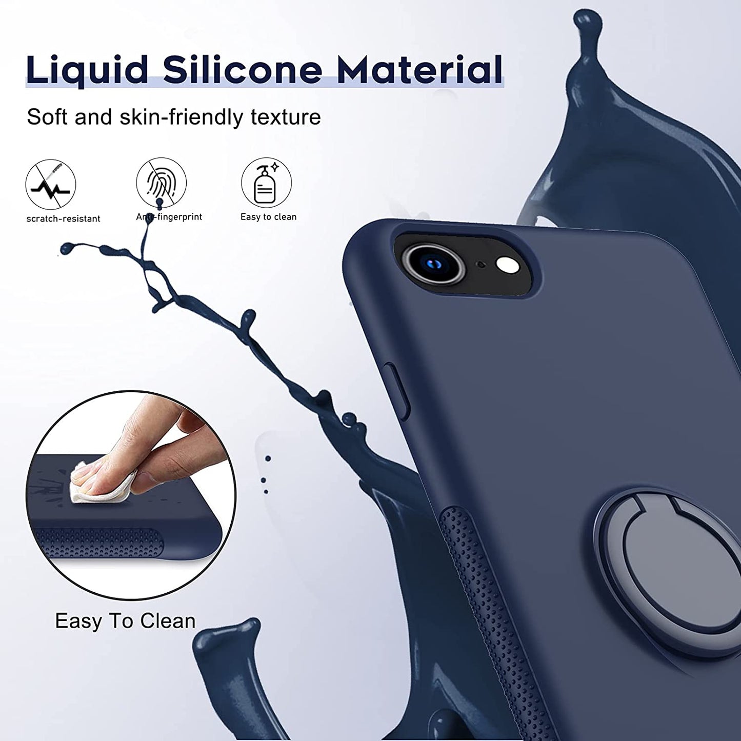 LeYi Liquid Silicone Case for iPhone SE 2020 & 2022 Case, iPhone 8 Case, iPhone 7 Case, + 3 Tempered Glass Protectors Ring Holder Black or Blue