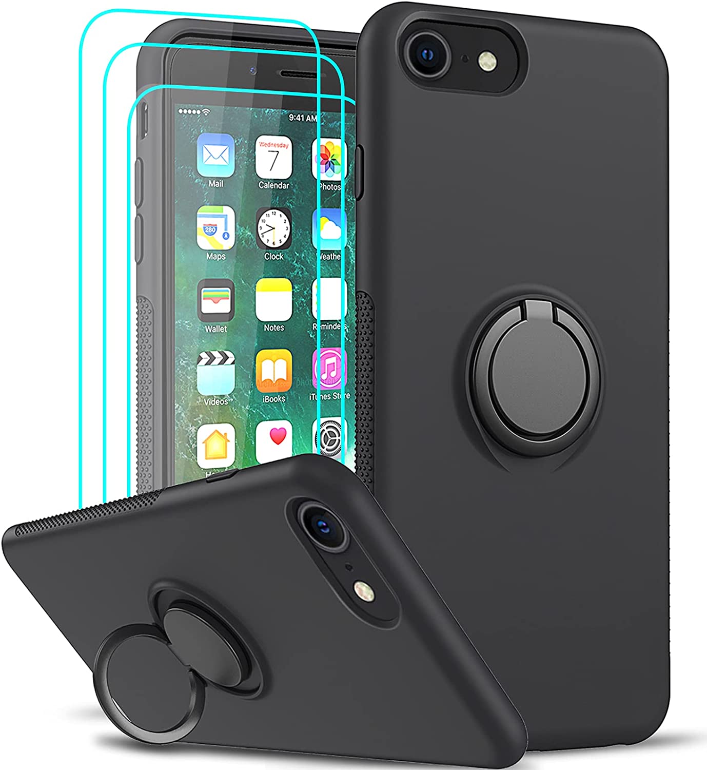 LeYi Liquid Silicone Case for iPhone SE 2020 & 2022 Case, iPhone 8 Case, iPhone 7 Case, + 3 Tempered Glass Protectors Ring Holder Black or Blue