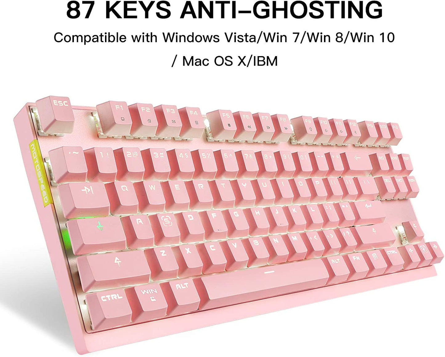 Motospeed 2.4GHz Wireless/Wired Mechanical Gaming Keyboard White Backlit/Durable Battery,Type-C Gaming/Typist Keyboard for Mac/PC/Laptop(Pink, 87 Key Red Switches)