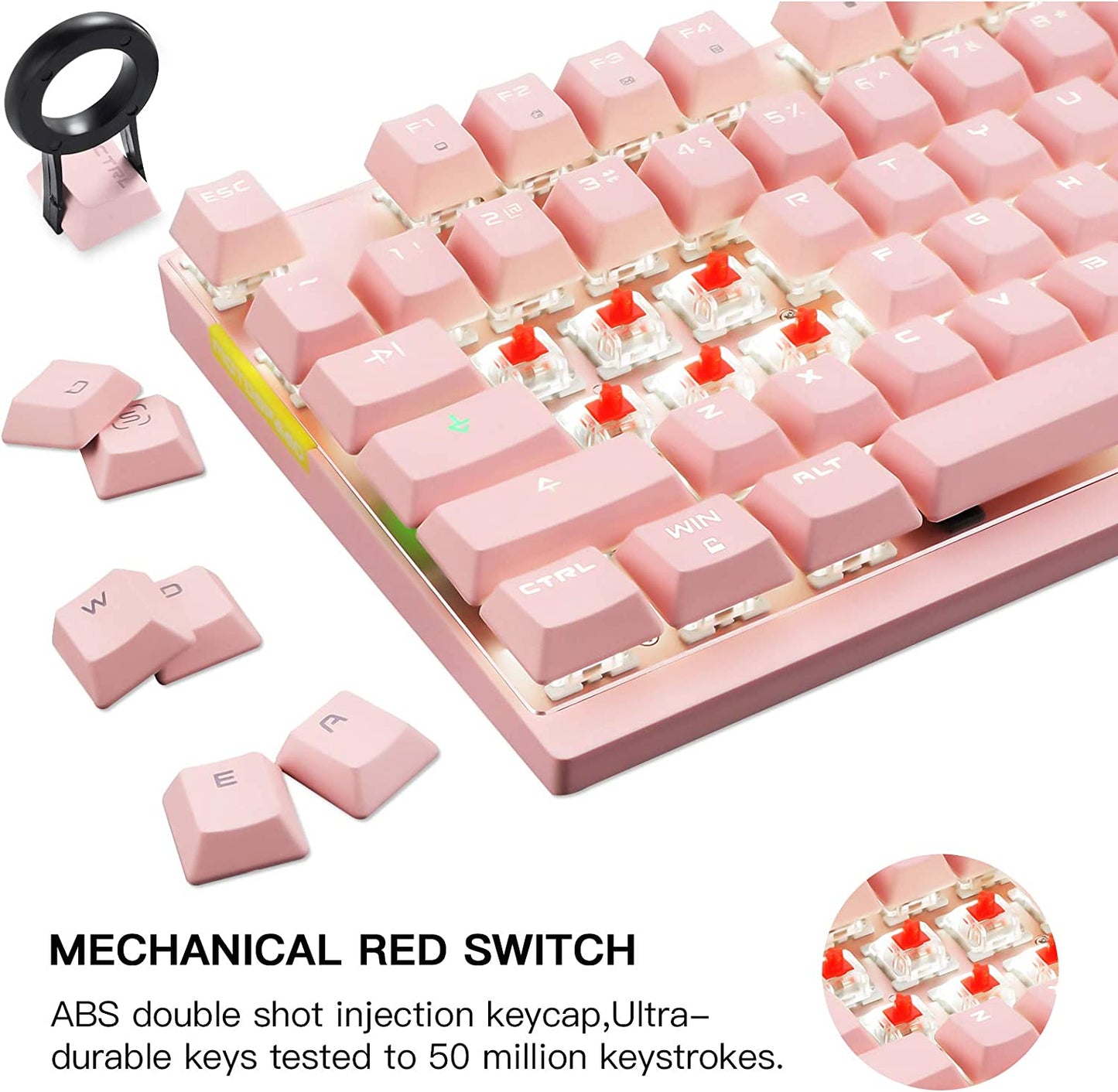 Motospeed 2.4GHz Wireless/Wired Mechanical Gaming Keyboard White Backlit/Durable Battery,Type-C Gaming/Typist Keyboard for Mac/PC/Laptop(Pink, 87 Key Red Switches)