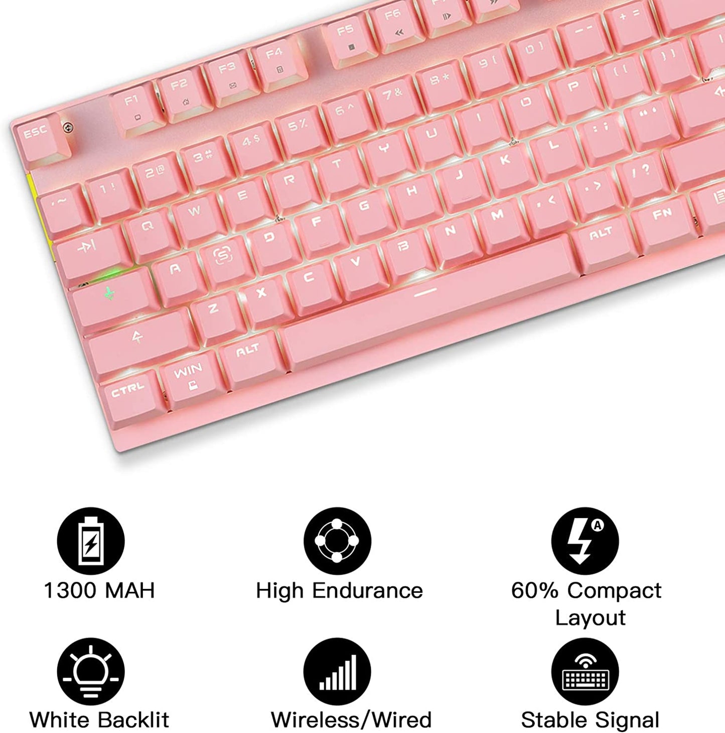 Motospeed 2.4GHz Wireless/Wired Mechanical Gaming Keyboard White Backlit/Durable Battery,Type-C Gaming/Typist Keyboard for Mac/PC/Laptop(Pink, 87 Key Red Switches)