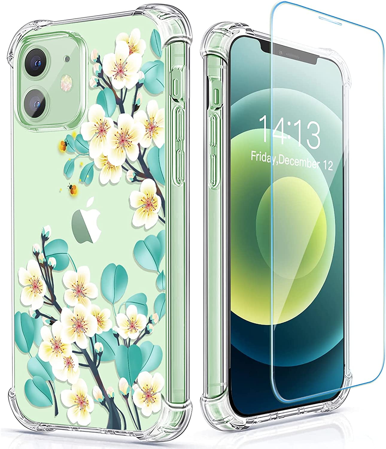 RoseParrot [5 in 1] iPhone 12 Pro & 12 Pro Max Case with Screen Protector + Ring Holder + Waterproof Pouch, Clear with Design (Firefly)