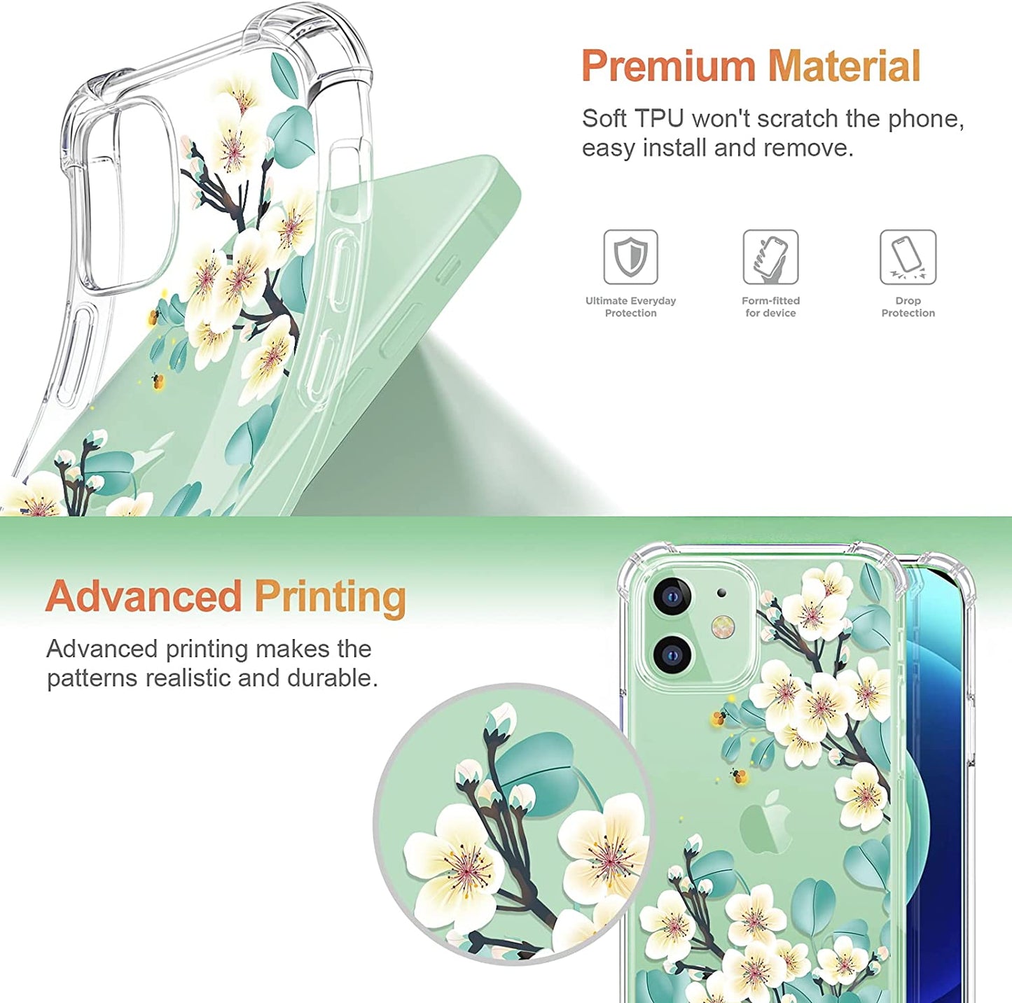 RoseParrot [5 in 1] iPhone 12 Pro & 12 Pro Max Case with Screen Protector + Ring Holder + Waterproof Pouch, Clear with Design (Firefly)