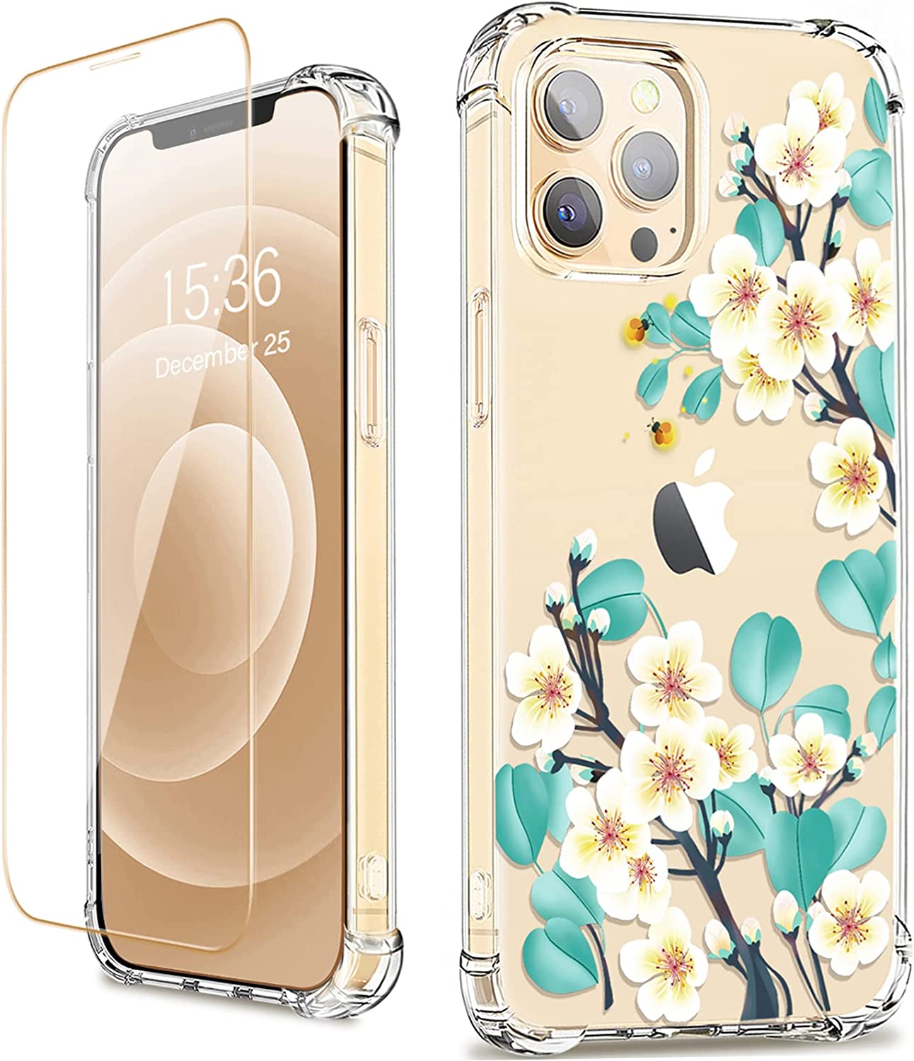 RoseParrot [5 in 1] iPhone 12 Pro & 12 Pro Max Case with Screen Protector + Ring Holder + Waterproof Pouch, Clear with Design (Firefly)