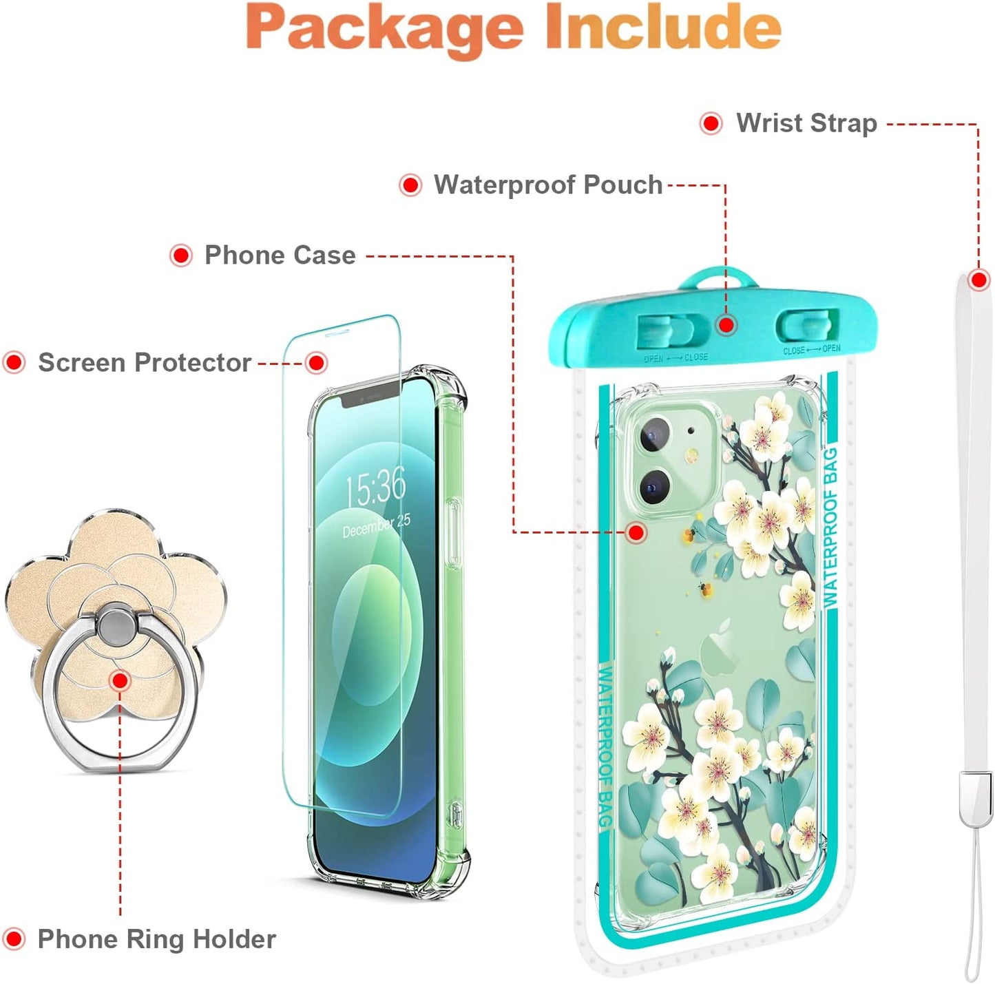 RoseParrot [5 in 1] iPhone 12 Pro & 12 Pro Max Case with Screen Protector + Ring Holder + Waterproof Pouch, Clear with Design (Firefly)