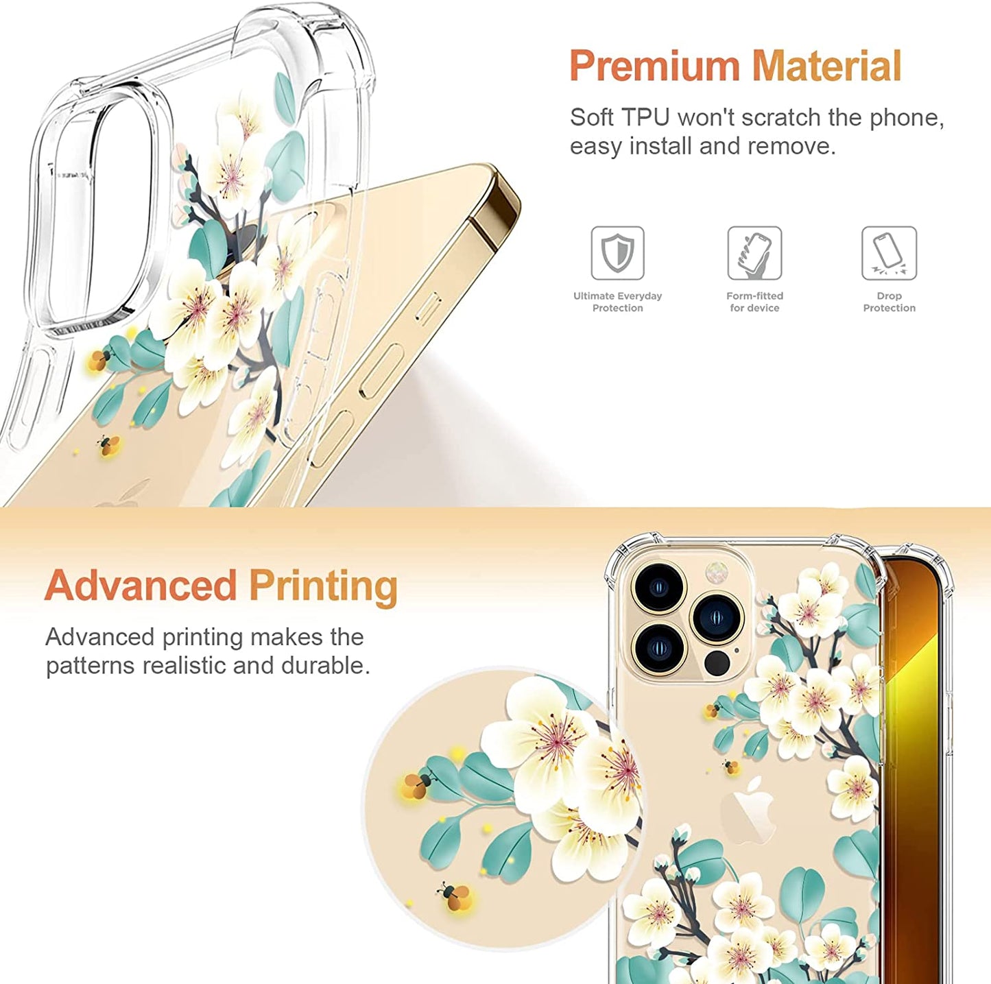 RoseParrot [5 in 1] iPhone 12 Pro & 12 Pro Max Case with Screen Protector + Ring Holder + Waterproof Pouch, Clear with Design (Firefly)