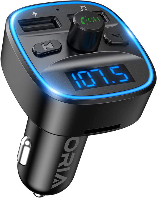 ORIA Bluetooth FM Transmitter for Car, [2022 Upgraded] Wireless in-Car Radio Adapter Car Kit, Universal Car Charger with Dual USB Charging