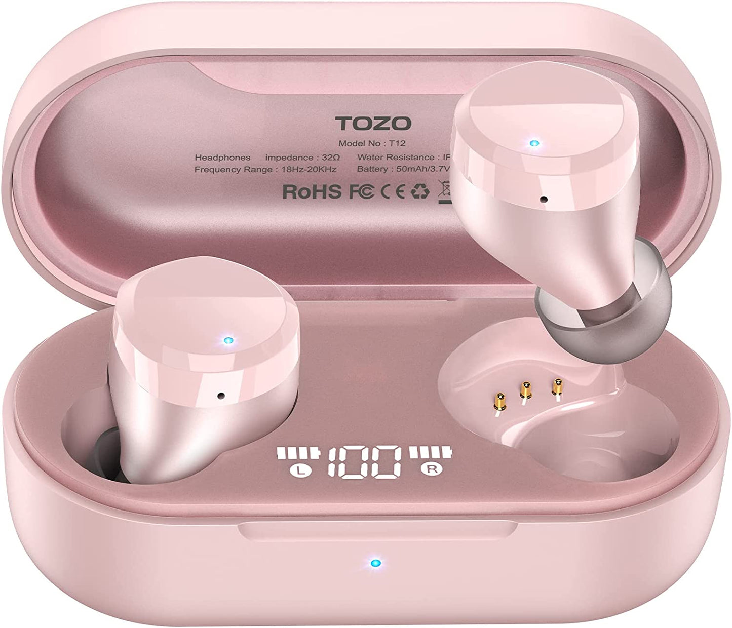 TOZO T12 Wireless Earbuds Bluetooth Headphones Premium Fidelity Sound Quality, Case Digital LED Intelligence Display IPX8 Sport Black - Rose Pink - Red