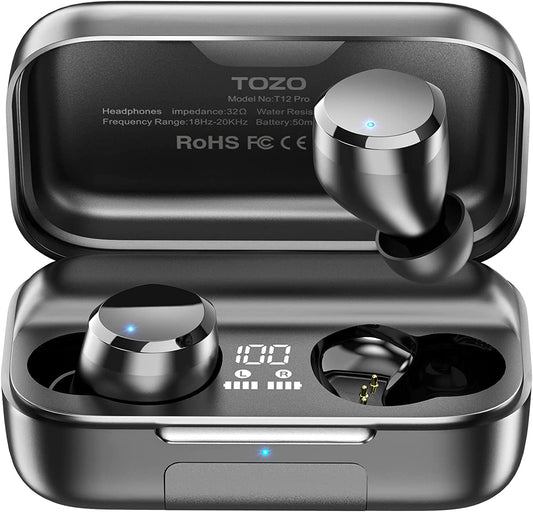 TOZO T12 Pro Wireless Earbuds Bluetooth Headphones with Qualcomm QCC3040 4 Mics CVC 8.0 Call Noise Cancelling and aptX Stereo Headset 2500mAh Wireless Charging Case IPX8 Waterproof Earphones Black