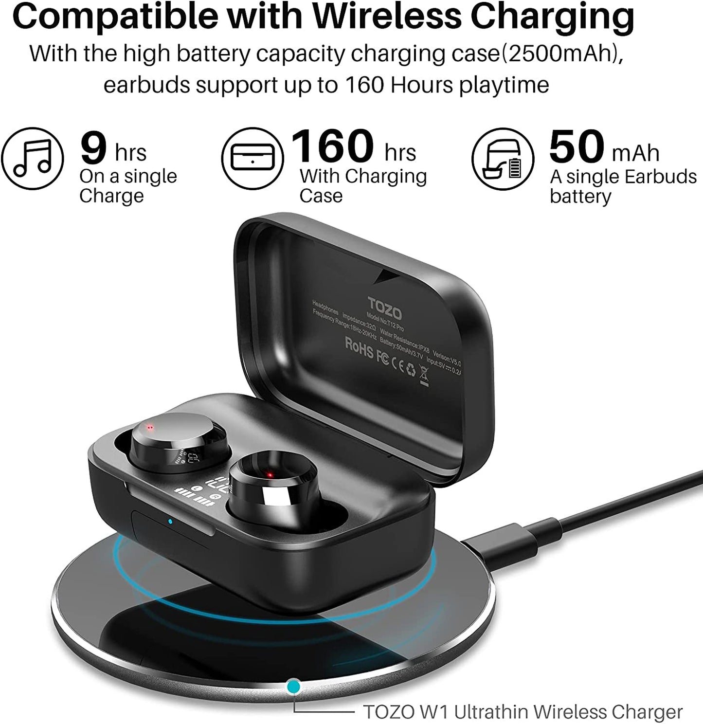 TOZO T12 Pro Wireless Earbuds Bluetooth Headphones with Qualcomm QCC3040 4 Mics CVC 8.0 Call Noise Cancelling and aptX Stereo Headset 2500mAh Wireless Charging Case IPX8 Waterproof Earphones Black