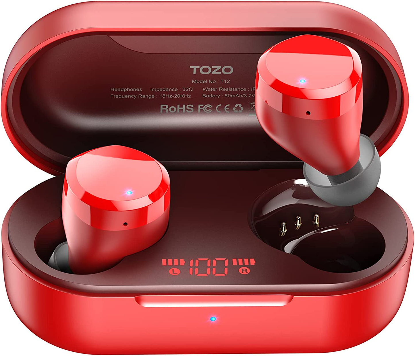 TOZO T12 Wireless Earbuds Bluetooth Headphones Premium Fidelity Sound Quality, Case Digital LED Intelligence Display IPX8 Sport Black - Rose Pink - Red