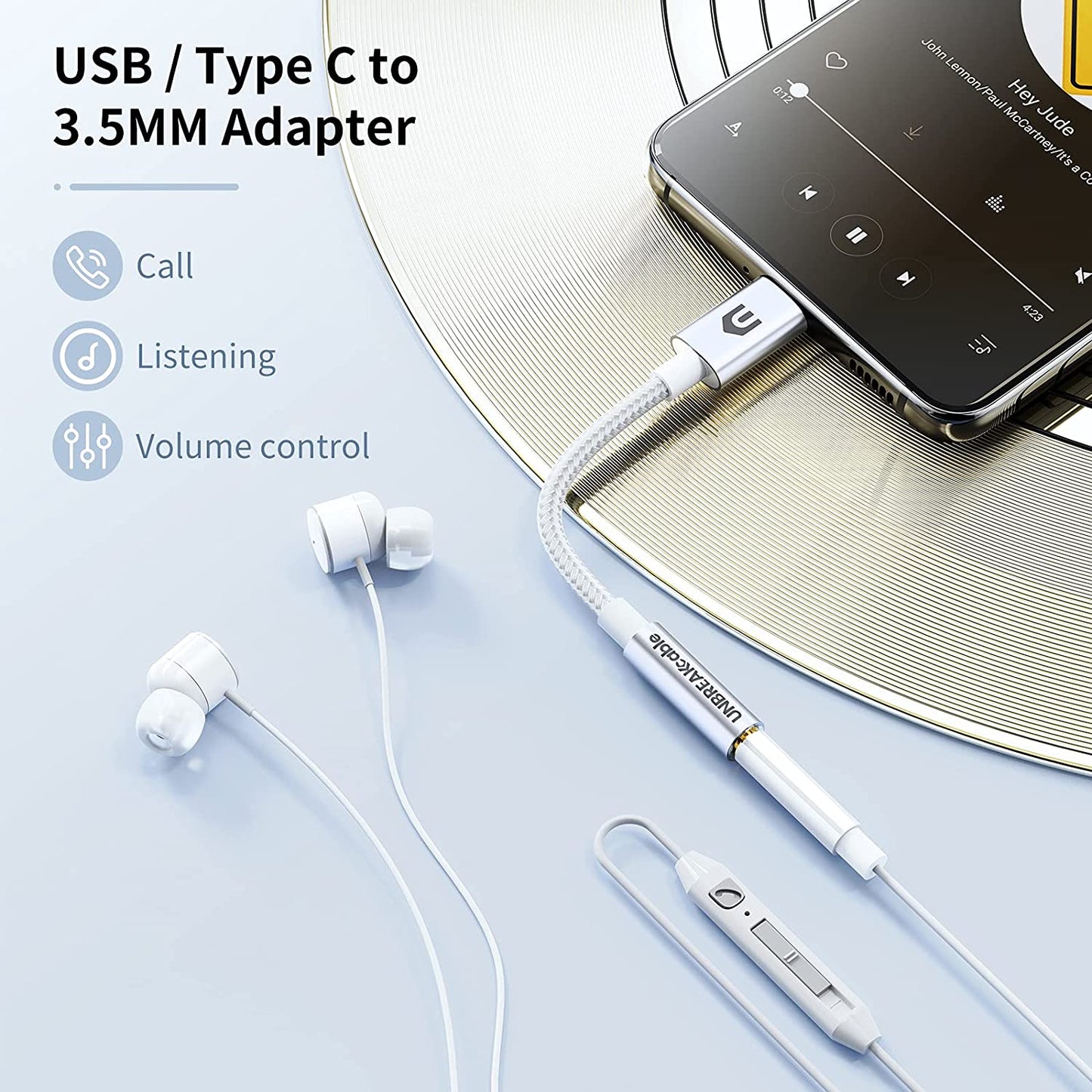 UNBREAKcable USB C to 3.5mm Jack [DAC Chip], USB C Headphones Adapter, Type C Aux Adapter Compatible with Samsung S22 S21 S20, Huawei P40 P30, Pixel, Xiaomi, iPad, etc