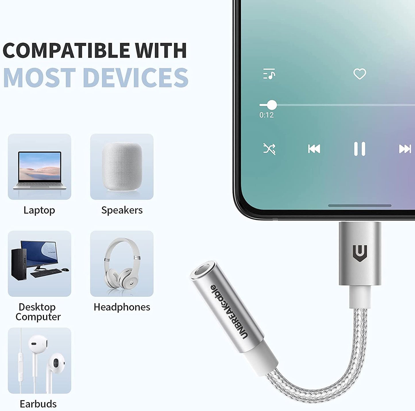 UNBREAKcable USB C to 3.5mm Jack [DAC Chip], USB C Headphones Adapter, Type C Aux Adapter Compatible with Samsung S22 S21 S20, Huawei P40 P30, Pixel, Xiaomi, iPad, etc