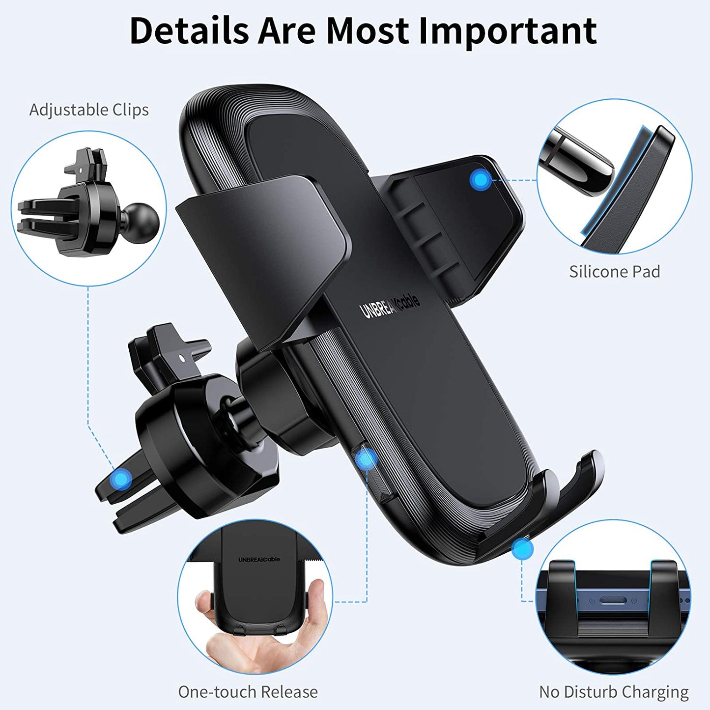 UNBREAKcable Car Phone Holder, Air Vent Car Phone Mount with 360 Degree Rotation compatible for iPhone, Samsung UBPi184