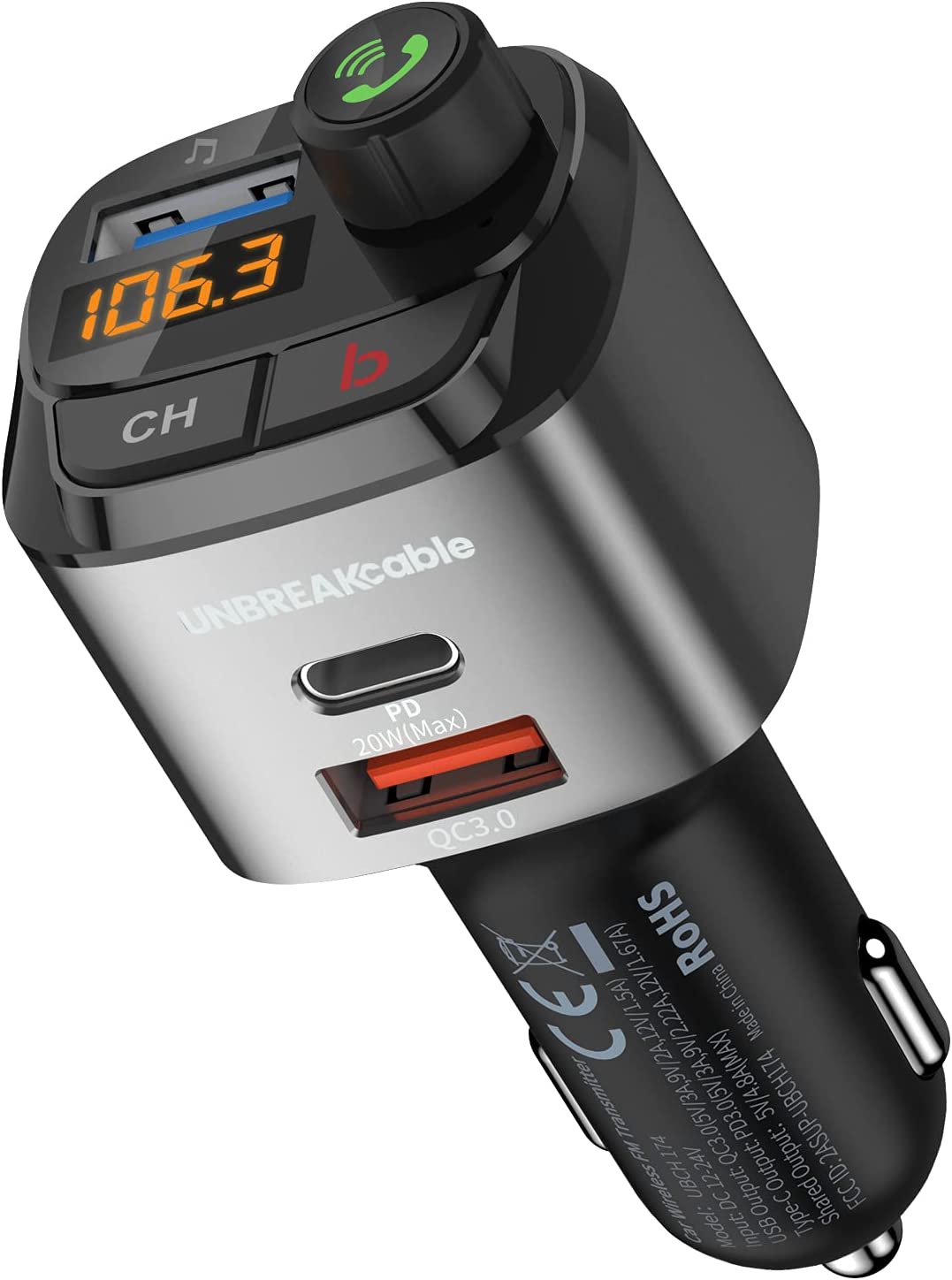 UNBREAKcable Bluetooth FM Transmitter, Wireless Bluetooth 5.0 Car Radio Adapter, Hands-Free Calling Car Charger with 3 USB Ports Model: UBCH174