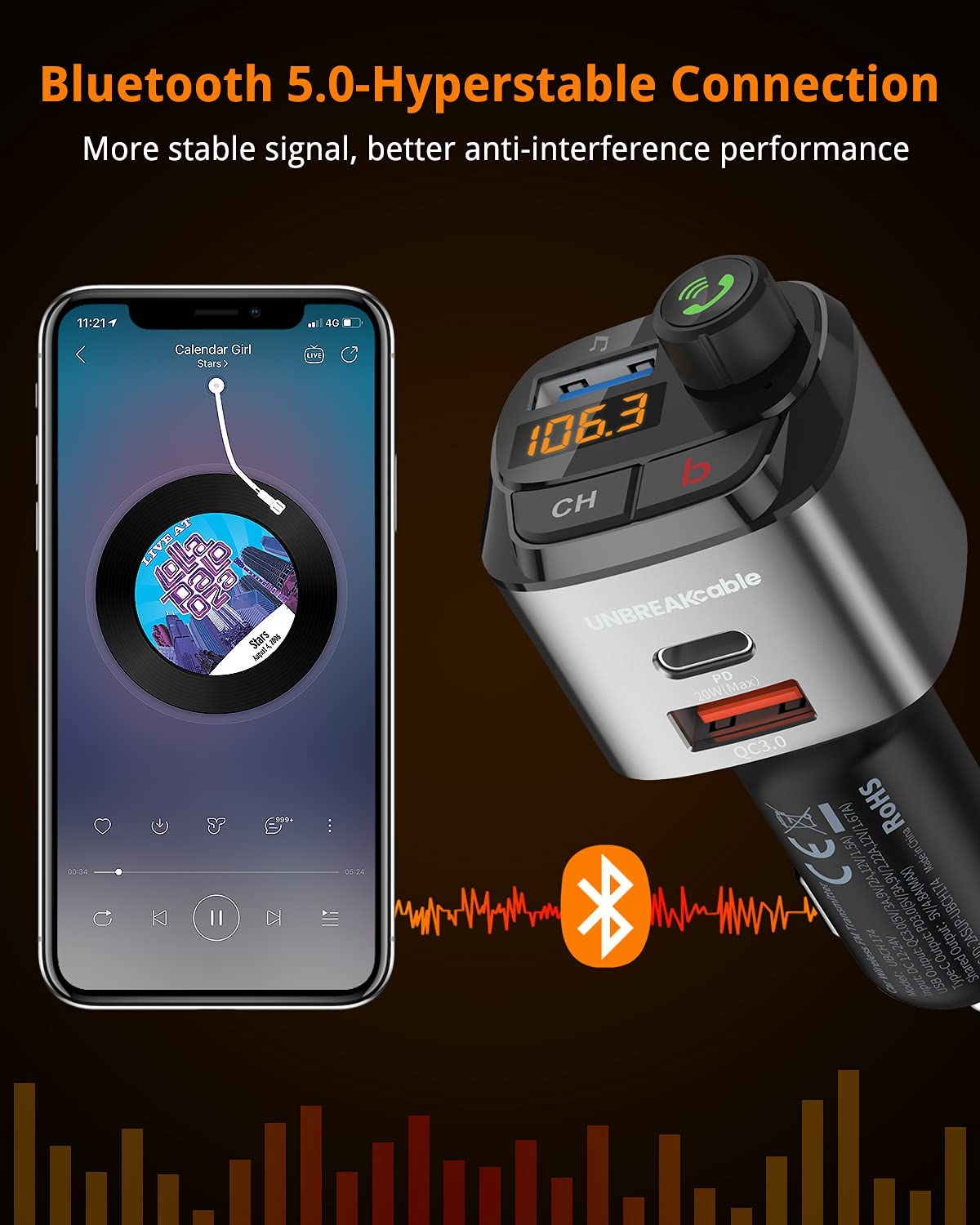 UNBREAKcable Bluetooth FM Transmitter, Wireless Bluetooth 5.0 Car Radio Adapter, Hands-Free Calling Car Charger with 3 USB Ports Model: UBCH174